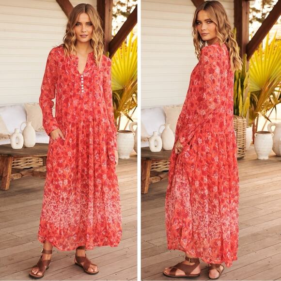 Free People See It Through Maxi Dress in Red Floral Size Large Bohemian - Picture 8 of 15